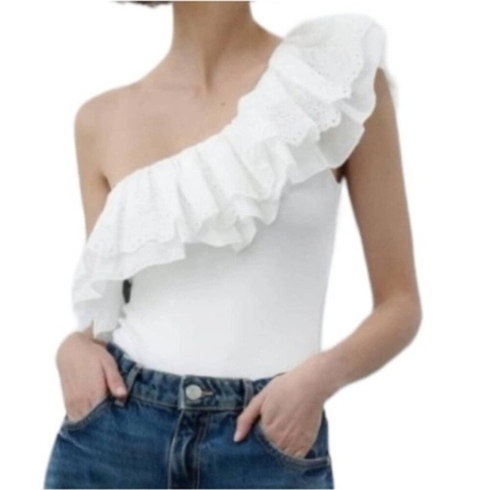 Zara One Shoulder Ruffle Bodysuit Stretch One Piece Top White (Size S)